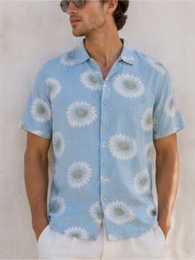 Folk Drake Linen Blend Daisy Floral Camp Collar Button Shirt Short Sleeve Sz L